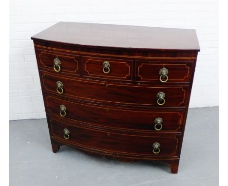 A 19th century mahogany and inlaid bow front chest, fitted three short drawers and three long, raised on bracket supports, 11