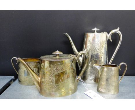 A four piece Epns floral engraved tea and coffee set comprising coffee pot, teapot, cream jug and twin handled sugar bowl, (4