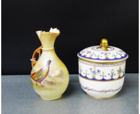 A Locke & Co Worcester Blush Ivory jug with hand painted Pheasant pattern, together with a Sevres porcelain jar and cover pai