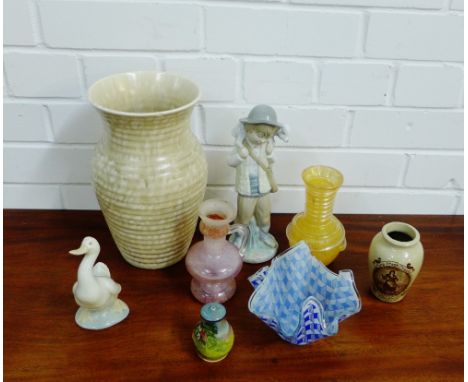 A mixed lot to include a Royal Doulton series ware pepper pot, a Nao figure and a Nao Goose, together with two Murano glass v