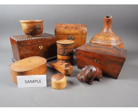 A burr walnut tea caddy, 8" wide, another similar tea caddy, a walnut domed topped jewellery box, a mahogany writing slope (f