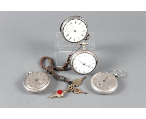 A Georgian silver pair cased pocket watch with white enamel dial and Roman numerals, and three other silver cased pocket watc