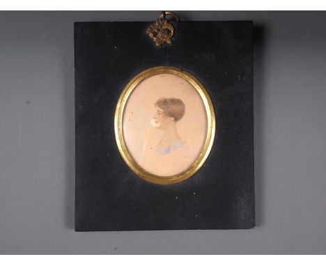 An early 19th century watercolour portrait miniature of Augusta Bell, 3.9" x 2.3", in ebonised frame