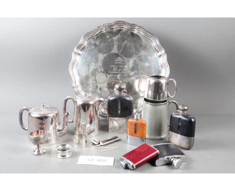 A silver plated three-piece tea service, a salver, five hip flasks and other plate, etc