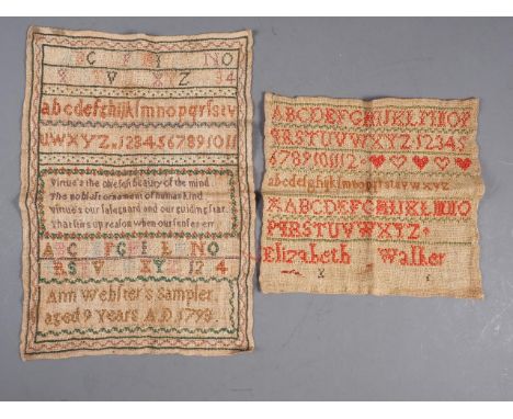 An alphabetical and numerical sampler with verse, by Ann Webster, aged 9 in 1793, unframed, 11 1/2" x 8 1/4", and a similar s