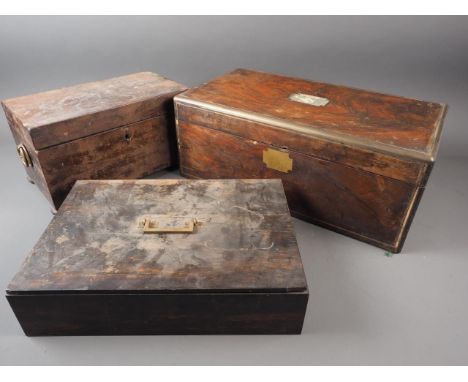 A 19th century walnut and brass banded writing box with fitted interior, 18" wide, a calamander cigarette box, 13 1/2" wide, 