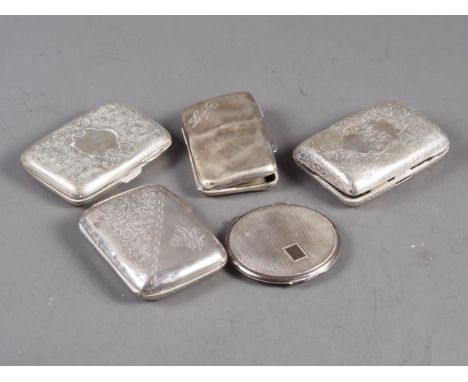 Four silver cigarette cases and a circular compact with engine turned decoration, 9.9oz troy approx