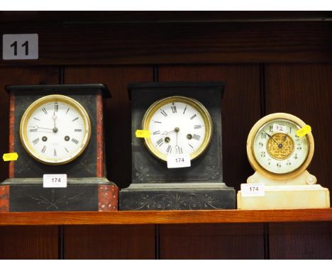 A 19th century slate mantel clock with white enamel dial, a similar mantel clock and a marble cased mantel clock