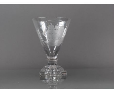 A conical goblet, on lemon squeezer base, with engraved ship design, 6" high