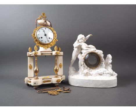 A 19th century marble and gilt metal mantel clock with enamel dial, 15" high, and a 19th century porcelain clock case with bo