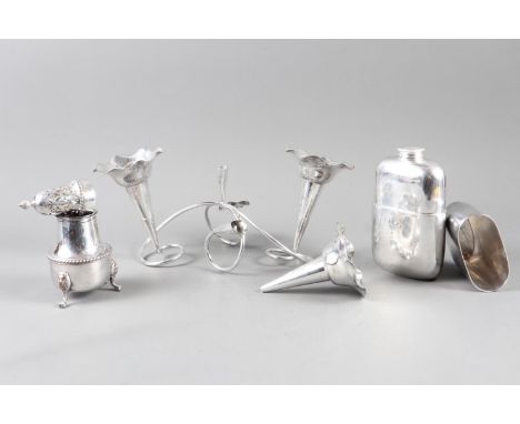 A silver plated three vase epergne, a plated on copper sugar sifter, and a plated hip flask and cup/cover