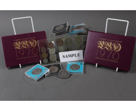 Five sets of mint coins, 1970 cased, five sets of mint coins, 1953, two sets of decimal coins, a number of coins and first da