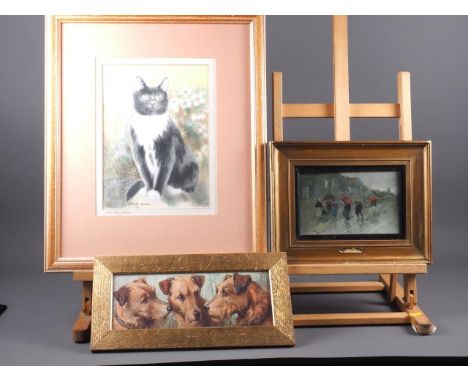 Sheila Horton: pastels, "Pussy Bunny Hannon", study of a black and white cat, 11 1/2" x 8 1/4", in wooden strip frame, a prin