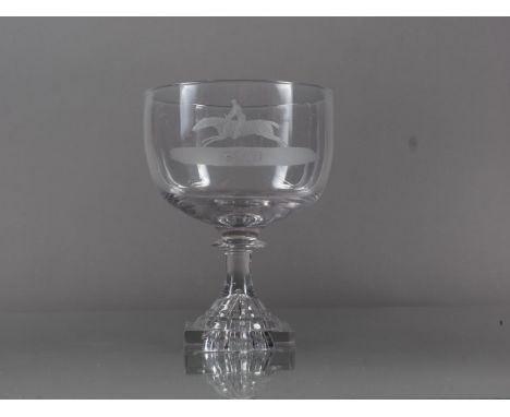 A late 18th century goblet with engraved racehorse decoration, "Scud", on lemon squeezer base, (minor chips to base), 5 1/2" 