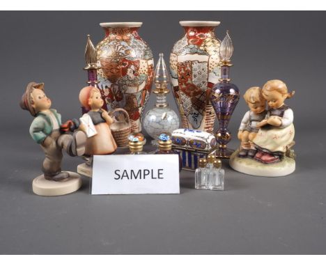 A quantity of Goebel and Hummel figures, a pair of Satsuma vases, 7 1/2" high, a quantity of perfume bottles and other items