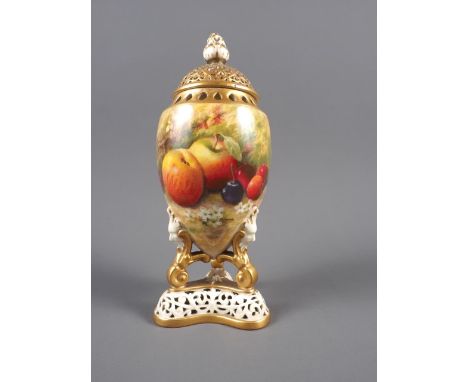 A Royal Worcester pot-pourri vase with fruit decoration, by Ricketts, 8" highCondition:The lid has been restored and is stuck