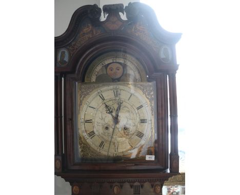 A late Georgian figured mahogany and inlaid long case clock with Gothic arch top door, eight-day arch top movement, moon phas