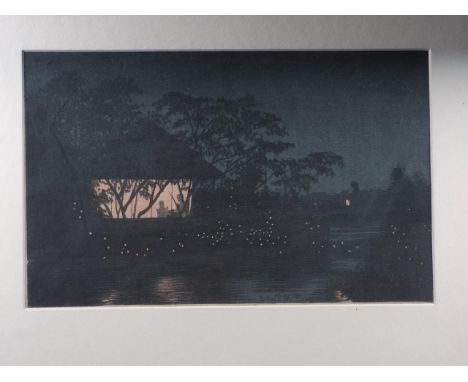 Koyoshika: a Japanese wood block print, "Fireflies at Midnight", in gilt frameCondition:Thrips inside frame, No visible major