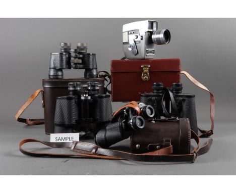 Two pairs of 10x50 binoculars, in cases, other binoculars, an 8mm movie camera, a&nbsp;pair of 1930's cast iron galleon booke