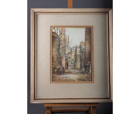 R Bodle: watercolours, a pair of town scenes, 12 1/2" x 10 1/2", in cream coloured strip frames, and after Guy Weir: a print 