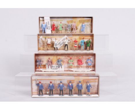 Vier Figurensätze für Spur 0. Walter Merten, Berlin, 4-tlg. bestehend aus Box "0-800", Box "0-810", Box "0-855" und Box "0-90