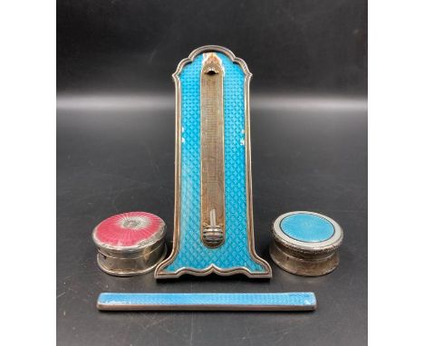 A selection of silver and enamel items to include pill box, thermometer stand etc AF