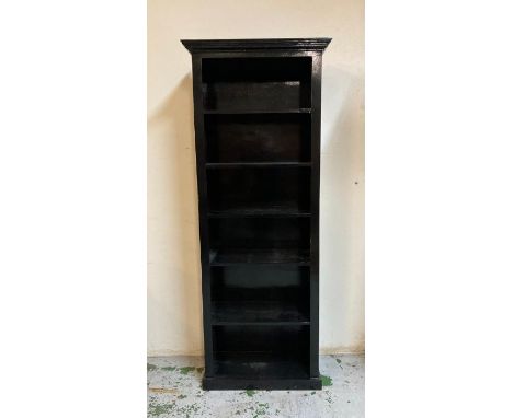 A black painted six shelf book case (H203cm W80cm D34cm)
