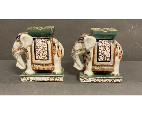 Two ceramic glazed hand painted Indian elephants 