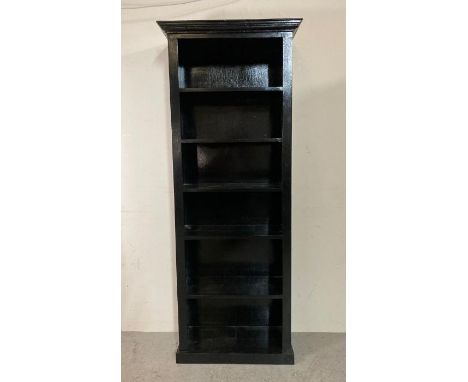 A black painted five shelf book case (H205cm W70cm D35cm)