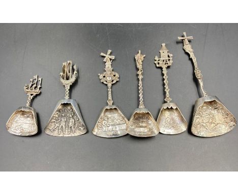 A selection of six antique silver Dutch sugar shovels or caddy spoons.