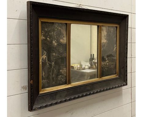 An oak framed triple paneled scene with mirror to centre (90x60cm)