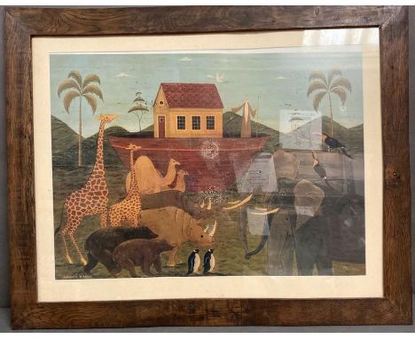 A framed folk art print of Noahs Ark by Warren Kimble 68X49