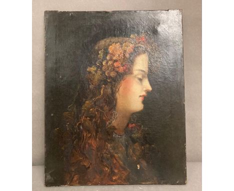 An oil on canvas portrait of a lady with flowers in her hair 43cm x 53cm 