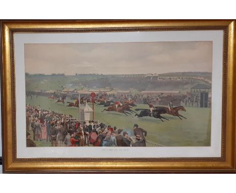After Isaac J Cullin (act.1881-1947) British, "The finish for the Derby" an important coloured print within a hollow gilded a