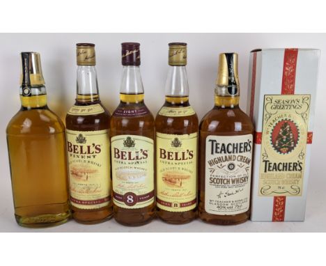 Five bottles of whisky to include a Teachers Highland Scotch Whisky with original box 75cl, a Teachers bottle with no label, 