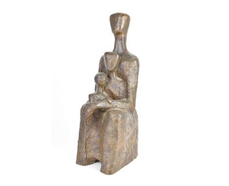 In the manner of Henry Moore (1898-1986), a bronze sculpture of a seated father, mother and child, 45cm high x 16cm wide x 18