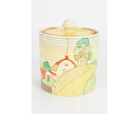 An Art Deco Clarice Cliff drum shaped preserve pot and cover, having a black printed 'Clarice Cliff Wilkinson Ltd England' ma