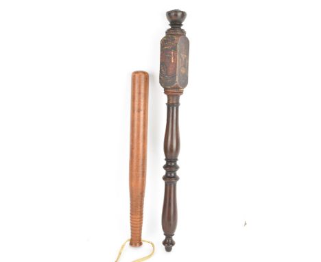 A late 18th/early 19th century carved treen tipstaff / truncheon, of banister form, the square section head painted with crow