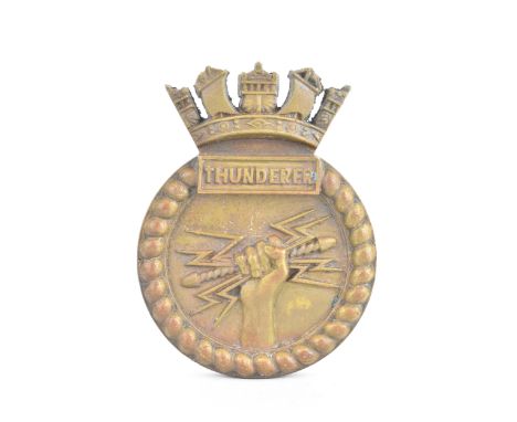 An early 20th century bronze tompion or boat badge for the Orion-class battleship HMS Thunderer (1911-1926), 16.7cm high x 12