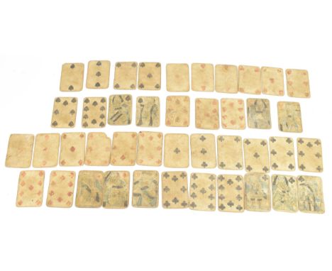 A part set of late 18th/early 19th century hand painted playing cards, each card 92mm x 62.5mmIf there is no condition report