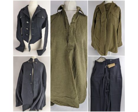 A collection of Second World War era clothing to include a Fire Service Battledress blouse, a police officers tunic/night cap