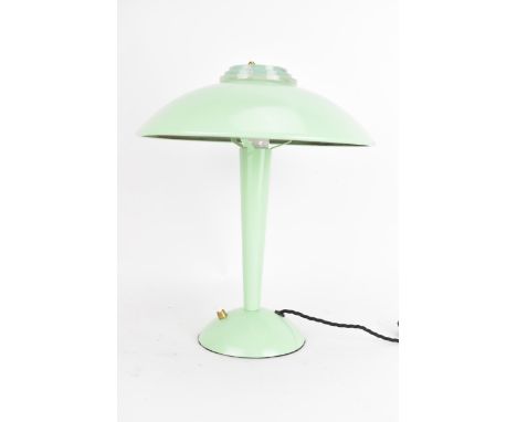 A 1930 retro Berrys Electric Ltd London, green painted table lamp, of mushroom form with a stepped glass top and tapering col