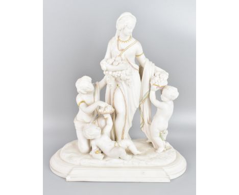 A Victorian Worcester parian ware figure group, modelled as a two classical maidens and two cherubs holding various fruits, p