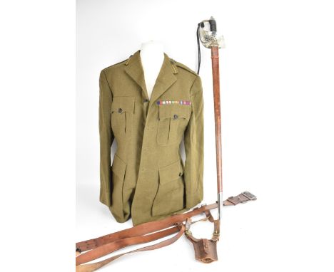 A George VI Pattern 1897 infantry officer's dress sword and brown leather scabbard, blade length 84.5cm, together with a Sam 