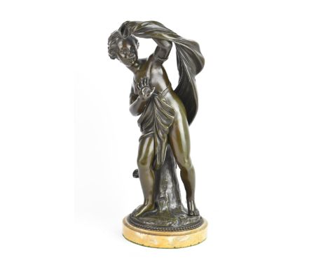 A late 19th century patinated bronze figure emblematic of Summer standing on a naturalistic base, signed 'Sevres', raised upo