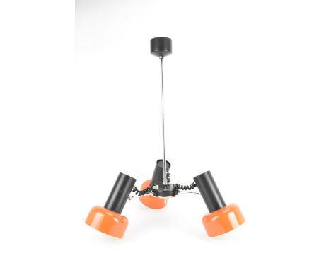 Josef Hurka for Napoka, a 1970s ceiling light, with three adjustable orange spotlight shades, 64.5cm high x 41.5cm wideIf the