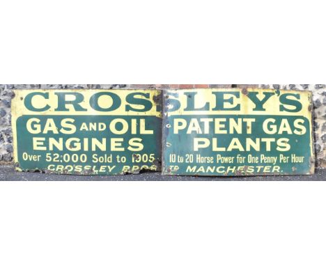 A large vintage Crossley's Gas and Oil Patent Gas Engines Plants enamel advertising sign, 65cm high x 237cm wide approximatel