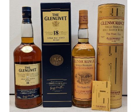 Two boxed bottles of whisky to include a Glenlivet 18 year old single malt scotch whisky 1000ml and a Glenmorangie ten year o