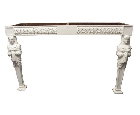 A 19th Century painted pine Egyptian-esque console table with laurel wreath frieze divided by a tablet above sphinx legs, 89.
