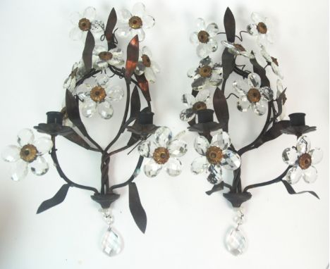 A set of five twin-light glass and tole peinte wall lights late 20th Century of foliate form, 39cm high (5) Provenance: The H